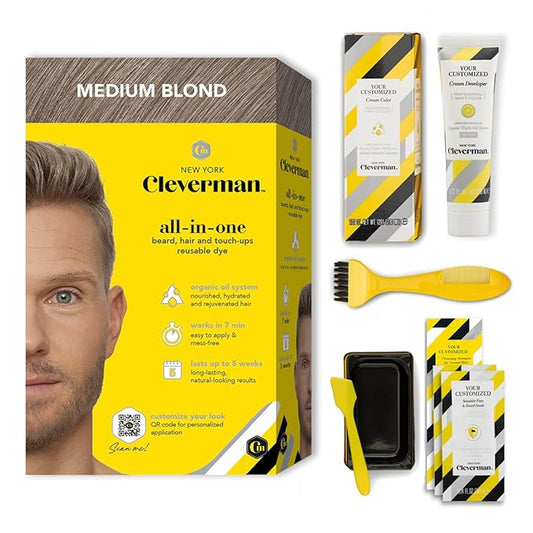 Cleverman Medium Blond All-in-One Reusable Kit for Men's Natural-Looking Gray Coverage - Professional-Quality Hair, Beard & Mustache Color, Ammonia-Free-VivaGrace Women