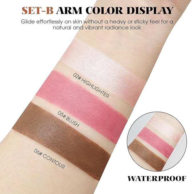 3Pcs Cream Contour Stick Makeup Kit - Cream Blush Stick Highlighter Stick Contour Bronzer Stick for Cheeks, Waterproof Long Lasting Blendable, Contour Stick Trio for Face Makeup (#02, 05, 06)-VivaGrace Women