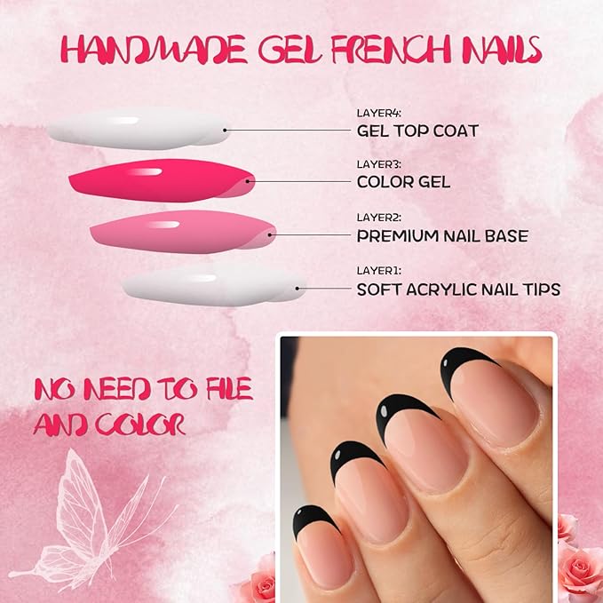 AddFavor French Tip Press on Nails Short Oval Fake Nails, 120pcs Black French Tips Nails Press on Medium Almond False Acrylic Nails for Women and Girls