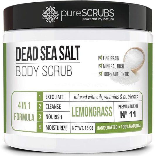 pureSCRUBS Premium Lemongrass Dead Sea Salt Body Exfoliator Scrub, Full Exfoliating Body Scrubber - Large 16oz Jar, Filled With Essential Oils, Includes Spoon, Loofah & Exfoliating Skin Soap-VivaGrace Women
