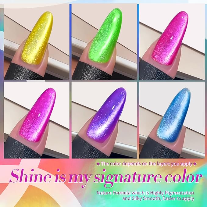 Born Pretty Cat Magnetic Eye Gel Nail Polish Spring Summer Neon Shimmer Glitter Holographic Cat Magnetic Eye Gel Crystal Glass Cat Magnetic Gel Polish Nail Art Manicure DIY at Home 6PCS-VivaGrace Women