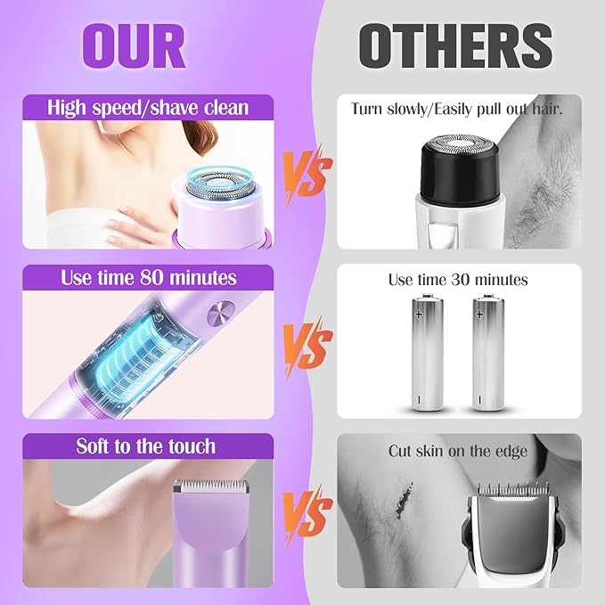 Bikini Trimmer for Women Electric Razors for Women Women's Electric Razor 2 in 1 Shaver Pubic Hair Trimmer Ipx7 Waterproof Wet Dry Use Bikini Shaver for Ladies Pubic, Legs, Face, Underarms (Purple)-VivaGrace Women