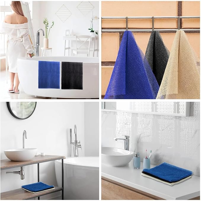 UJFQBH 3 Pieces African Bath Sponge African Net Long Net Bath Sponge Exfoliating Shower Body Scrubber Back Scrubber Skin Smoother,Great for Daily Use(Blue,Black,Off-White)-VivaGrace Women
