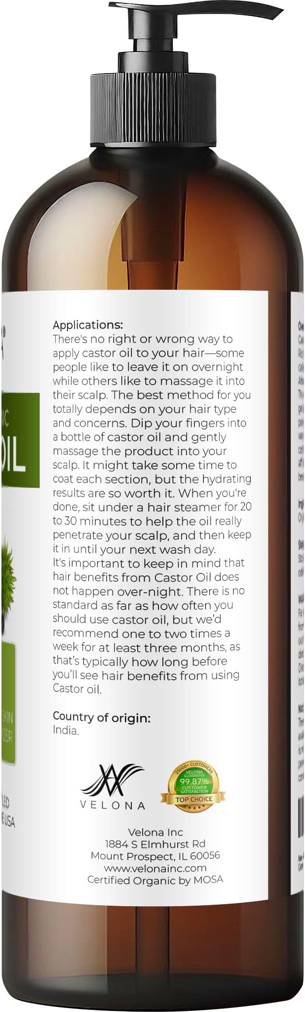 velona USDA Certified Organic Castor Oil - 16 fl oz (With Pump) | For Hair Growth, Boost Eyelashes, Eyebrows | Cold pressed, Natural Oil, USP Grade | Hexane Free, Lash Serum, Caster-VivaGrace Women