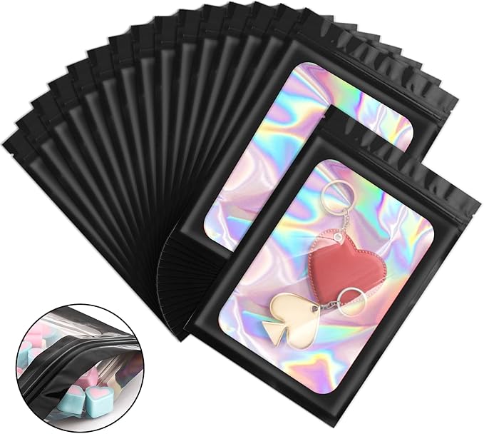 100 Pieces Smell Proof Mylar Bags, Holographic Packaging Bags, Resealable Odor Foil Pouch Zipper Bag with Clear Window for Food Storage and Lipgloss, Jewelry Lash (Black, 4 x 6 Inch)-VivaGrace Women