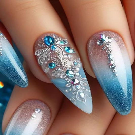 Rhinestone Press on Nails Medium Almond Fake Nails Blue Ombre False Nails with Design Stiletto Glue on Nails Glossy Acrylic Nail Full Cover Stick on Nails for Women Girls Manicure 24Pcs
