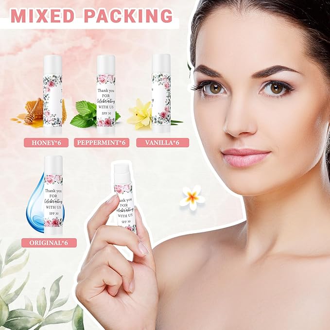24 Pcs SPF 30 Lip Balm Bulk for Summer Wedding Baby Shower 4th of July Party Sunscreen Lip Balm Sticks Outdoor Travel Sunscreen Care Lip Balm for Thank You Gifts Party Supplies (Floral)-VivaGrace Women