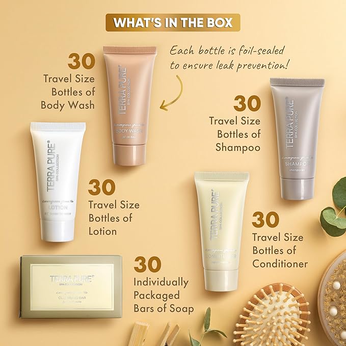 Terra Pure Spa Collection Bulk Set Toiletries | 1-Shoppe All-In-Kit Amenities for Hotels & Airbnb | 0.85 oz Hotel Shampoo & Conditioner, Body Wash, Lotion & Cleansing Bar Travel Size Tubes| 150 Pieces-VivaGrace Women