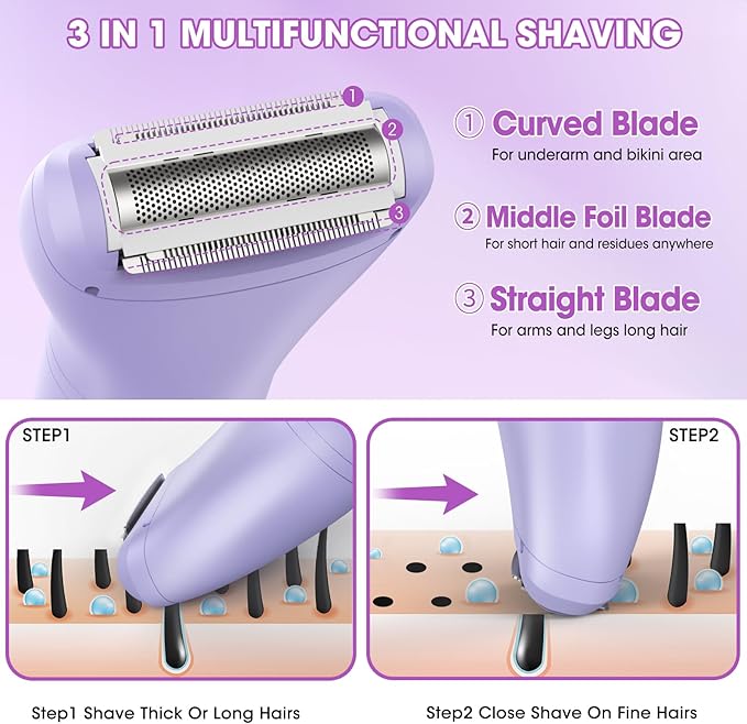 Bikini Trimmer Electric Razors for Women,3 in 1 Body Hair Removal Kit for Face,Pubic,Arm, Leg, Armpit, Bikini Trimmer,Painless IPX6 Waterproof Rechargeable Portable Lady Shavers Wet & Dry Gifts-VivaGrace Women