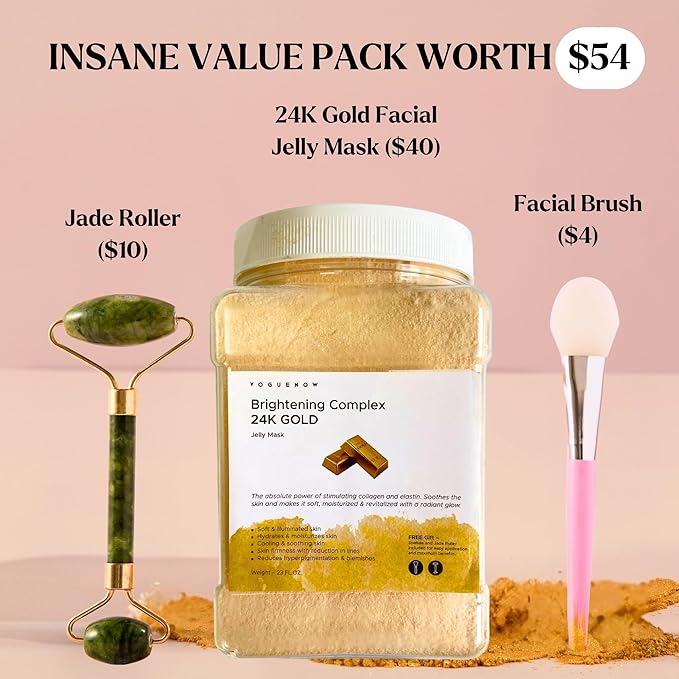 VogueNow Jelly Face Mask for Facials - 24K Gold Hydrating, Brightening & Nourishing Jelly Mask with Free Jade Roller & Spatula | Professional Hydrojelly Masks | Vajacial Jelly Mask Powder | 23 Oz Jar-VivaGrace Women