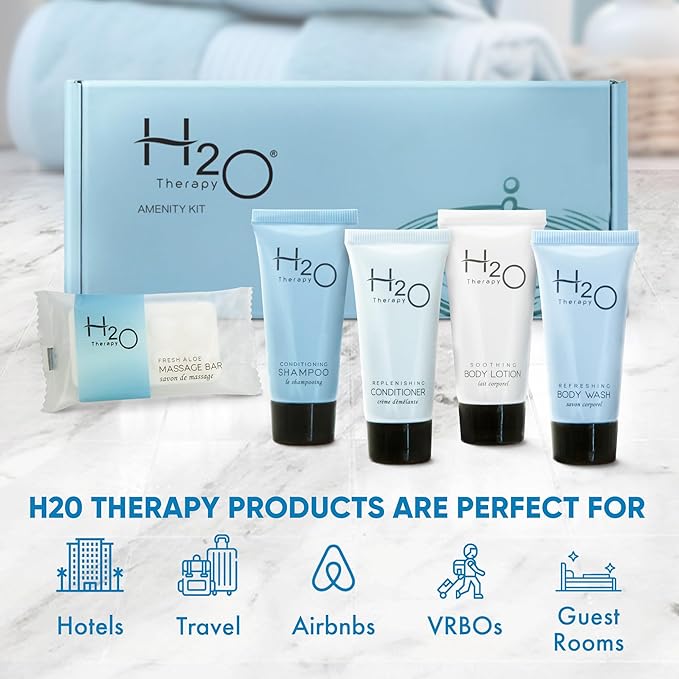 H2O Therapy Amenity Kit | Boxed Hotel Toiletries | Bulk Set 0.85 oz Travel Size Shampoo, Conditioner, Lotion, Body Wash & Body Bar Soap for Guest Hospitality AirBnB/Vacation Rentals | 1 set per case-VivaGrace Women