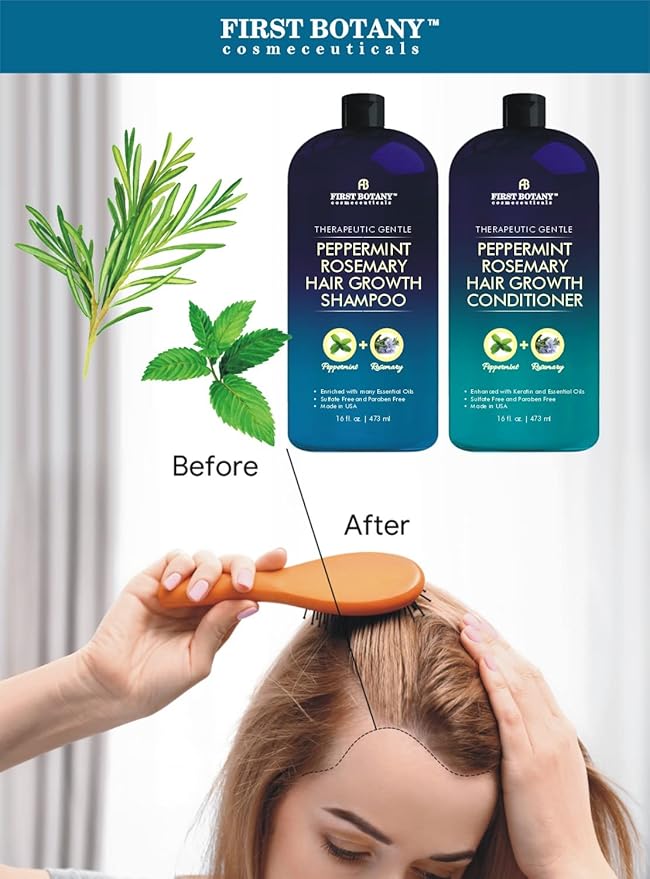 First Botany, Peppermint Rosemary Hair Regrowth and Anti Hair Loss Shampoo and Conditioner Set - Daily Hydrating, Detoxifying, Volumizing Shampoo and Fights Dandruff For Men and Women 16 fl oz x 2-VivaGrace Women
