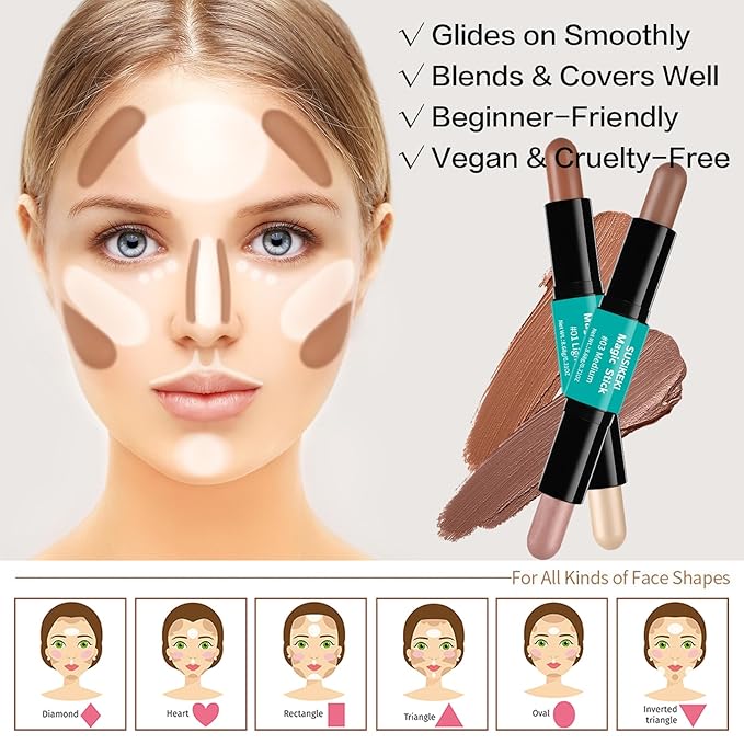 Contour Stick, 2Pcs Dual-Ended Highlighter Makeup Pen & Contouring Stick for Face Shaping, Long Lasting Waterproof Cream Bronzer & Highlight Sticks Make Up Kit for All Skin Tones(01# + 03#)-VivaGrace Women