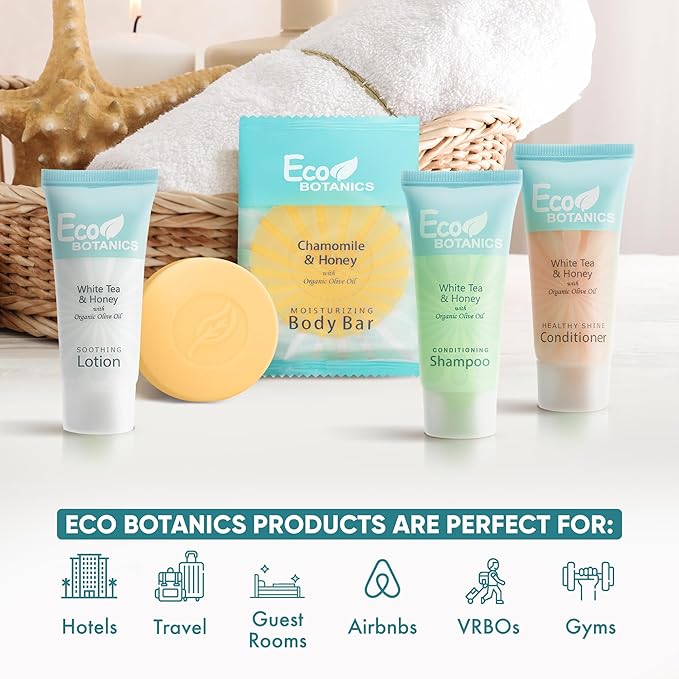 Eco Botanics Hotel Soaps and Toiletries Bulk Set | 1-Shoppe All-In-Kit Amenities for Hotels & Airbnb | 0.85 oz Hotel Shampoo, Conditioner & Lotion, 0.89 oz Bar Soap Travel Size | 200 Pieces-VivaGrace Women
