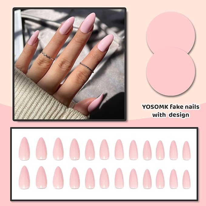 Pink Fake Nails Almond Press on Nails Medium Glossy Stick on Nails Cute Glue on Nails Acrylic False Nails for Women and Girls