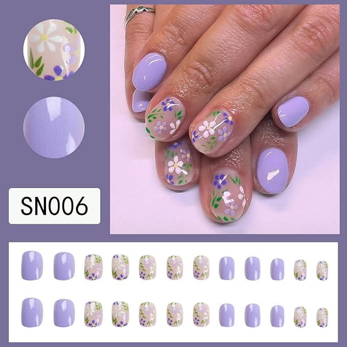 OCOUYVD Flower Press on Nails Extra Short Purple Fake Nails Spring Floral Designs False Nails Square Full Cover Stick on Acrylic Nails Glue on Nails for Women DIY Nail Art Decoration 24 Pcs
