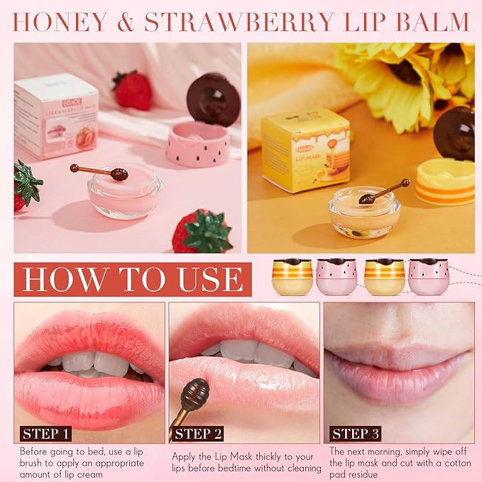 12 Pcs Bee Lip Balm Honey Pot with Brush Propolis Lip Mask Overnight, Moisturizing Hydrating Lip Sleeping Mask Prevention Dry and Cracked(Honey+Strawberry)-VivaGrace Women
