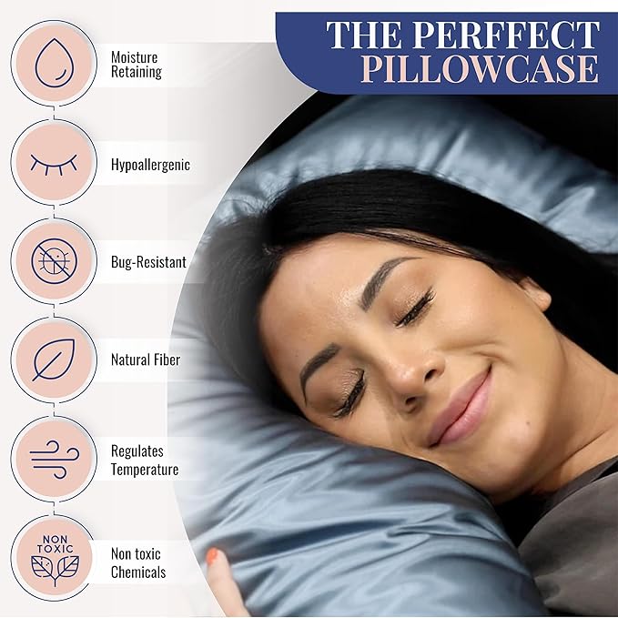 Blissy Silk Pillowcase - 100% Pure Mulberry Silk - 22 Momme 6A High-Grade Fibers - Silk Pillow Cover for Hair & Skin - Regular, Queen & King (Ash Blue, Queen)-VivaGrace Women