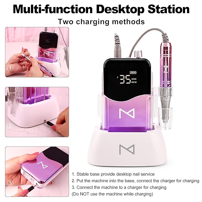 M Mase- Professional Nail Drill Machine - Coreless 2-in-1 Nail File - Electric, Cordless, 35000 RPM, HD Display - Electric Nail Drill for Professional & Home Use (Pink Gold)-VivaGrace Women