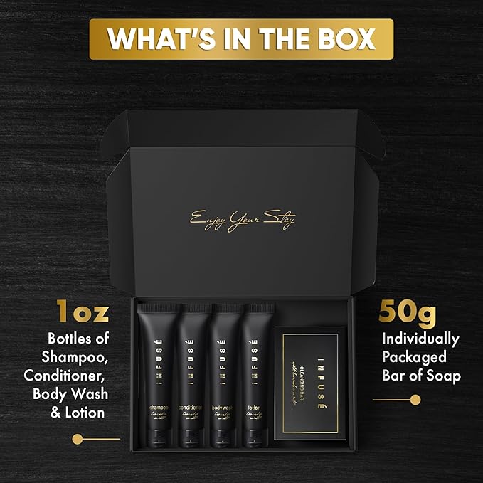 Infuse Black Amenity Kit | Boxed Hotel Toiletries | Bulk Set 1 oz Travel Size Shampoo, Conditioner, Lotion, Body Wash & Cleansing Bar for Guest Hospitality AirBnB/Vacation Rentals | 1 set per case-VivaGrace Women