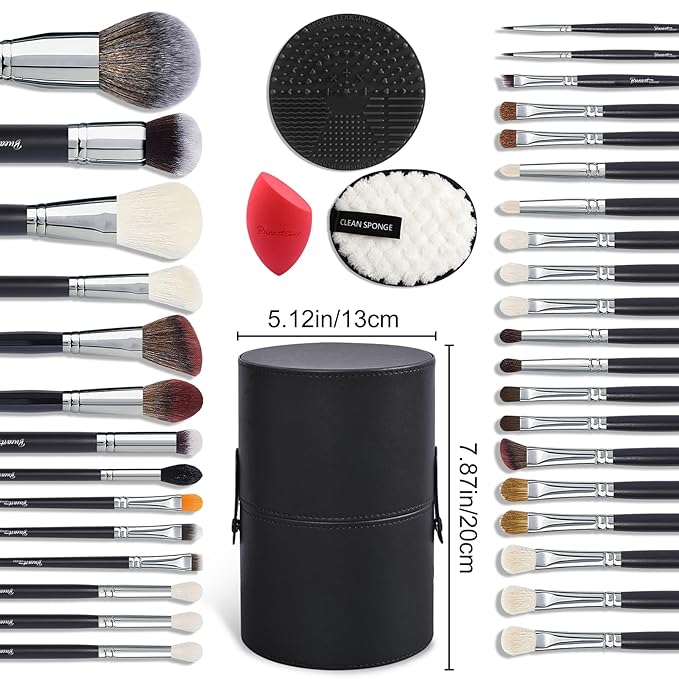 Bueart Design Pro makeup Artist 34Pcs Deluxe Real Goat Hair Horse hair Makeup Brushes Set with extra Large Holder High End Professional labeled makeup brush set with natural Pony Hair-VivaGrace Women