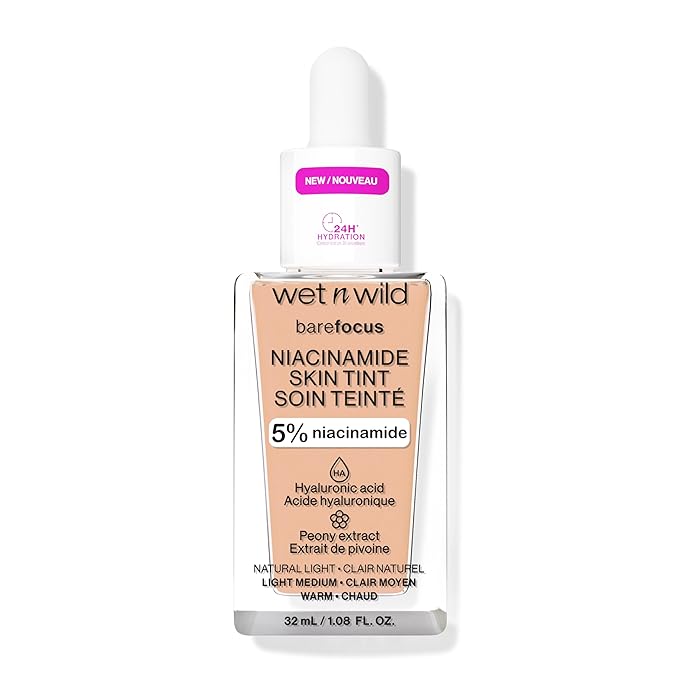 wet n wild Bare Focus Skin Tint, 5% Niacinamide Enriched, Buildable Sheer Lightweight Coverage, Natural Radiant Finish, Hyaluronic & Vitamin Hydration Boost, Cruelty-Free & Vegan - Light-VivaGrace Women