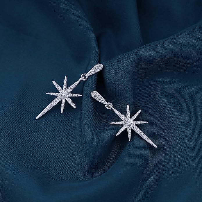 Vintage Crystal Northstar Dangle Earrings Rhinestone Northstar Studs Earrings Gold Cz Star Drop Earrings Sparkly Cz Starburst Earrings Jewelry for Women-VivaGrace Women