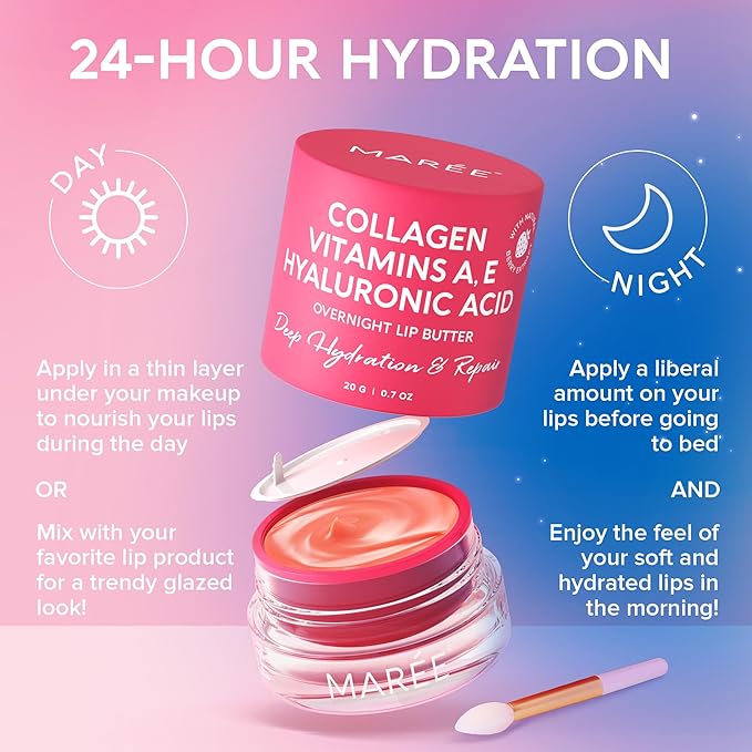MAREE Lip Mask with Hyaluronic Acid & Coconut Oil - Overnight Collagen Lip Butter to Nourish & Hydrate Dry Cracked Lips - Moisturizer for Skin Care with Shea & Cocoa Butter - Sleeping Lip Butter Balm-VivaGrace Women
