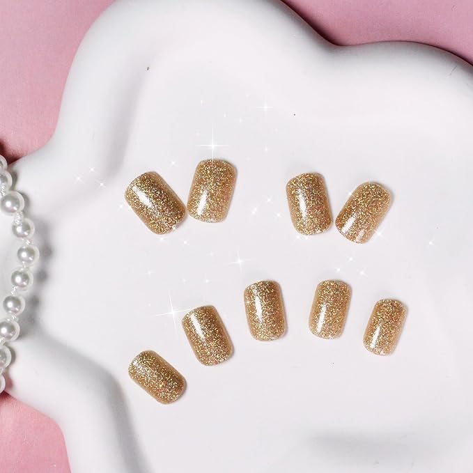 KQueenest Light Gold Glitter Press on Nails, Short Square Acrylic False Nails with Designs, 24 Pcs Set