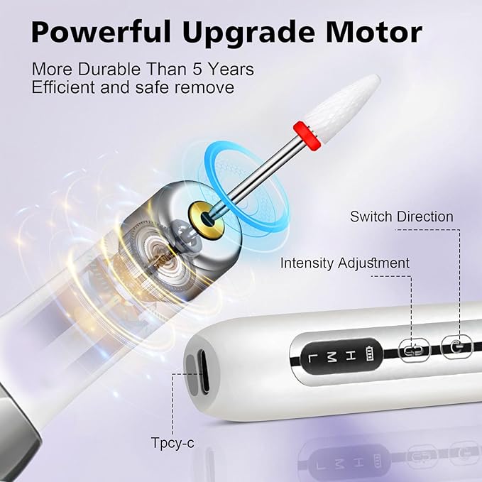 Electric Nail Drill File Cordless,Portable Rechargeable Nail File Kit for Acrylic & Gel Nails,Professional Efile for Manicure Pedicure Polishing,with 12 Nail Drill Bits 31 Sanding Bands,White-VivaGrace Women