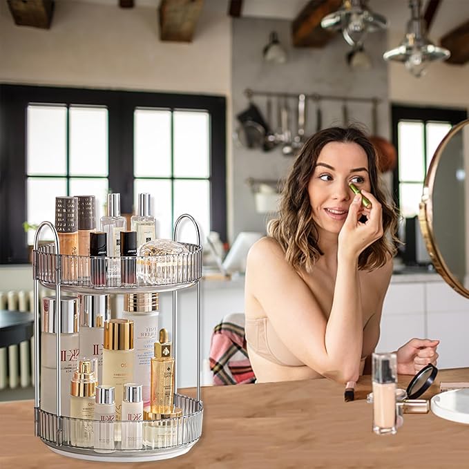 360 Rotating Makeup Organizer for Vanity,Bathroom Countertop Organizer,Spinning Perfume Organizer&Vanity Organizer(Grey-2 Tier)-VivaGrace Women