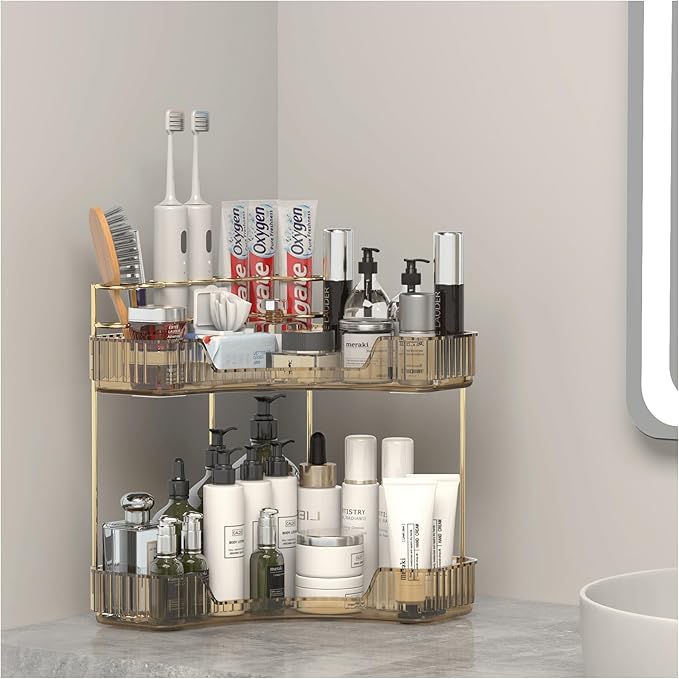Corner Bathroom Counter Organizer with Top Toothbrush Holders, 2-Tier Make Up Organizers for Vanity with Brush Holder, Corner Storage for Bathroom, Kitchen, Dresser-VivaGrace Women