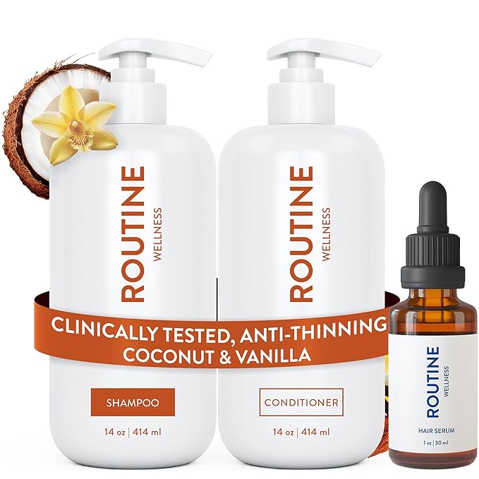 Routine Wellness Shampoo and Conditioner Set and Hair Serum for Thinning Hair - DHT Blocker Women & Men - Color Safe Shampoo for Hair Loss & Healthier Hair - Coconut & Vanilla Set + Serum-VivaGrace Women