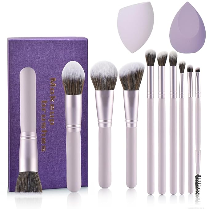 Gift Ready 10 Piece Purple Makeup Brushes Set and 2 Piece Makeup Sponge – Wooden Handle with Soft Synthetic Bristles, Concealer, Powder – (Ideal for Christmas, Birthday, Women)-VivaGrace Women