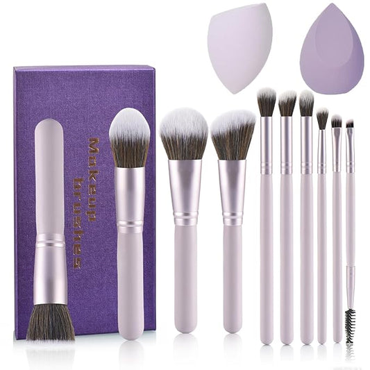Gift Ready 10 Piece Purple Makeup Brushes Set and 2 Piece Makeup Sponge – Wooden Handle with Soft Synthetic Bristles, Concealer, Powder – (Ideal for Christmas, Birthday, Women)-VivaGrace Women