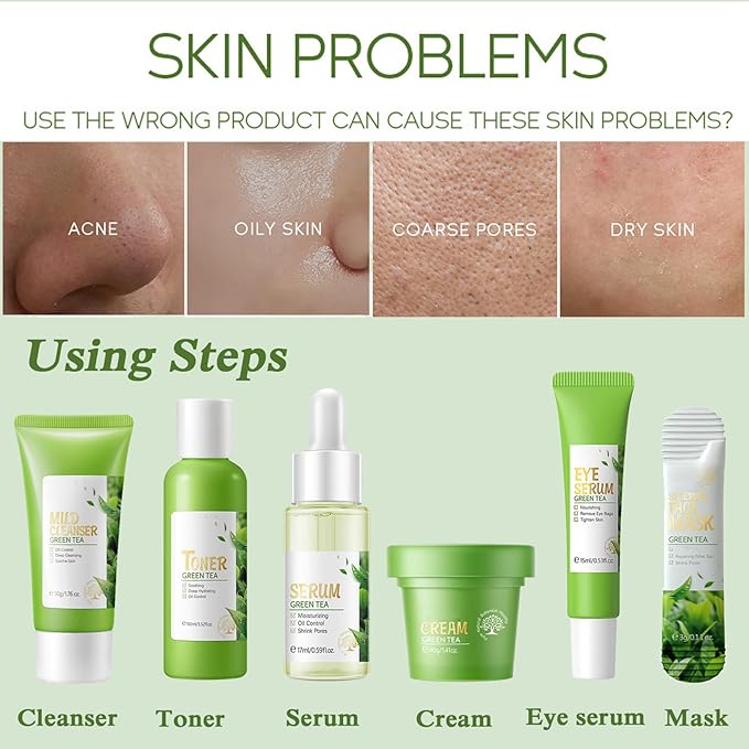 Skin Care Products Set, Green Tea Skin Care Sets, Women Gift Sets,Skin Care Routine Kit with Toner, Serum, Face Cream, Eye Cream Cleanser, Sleep Mask,Korean Beauty Products (SetD)-VivaGrace Women
