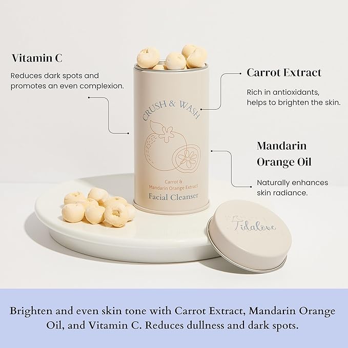 3-in-1 Solid Facial Cleanser, Exfoliator, and Wash-off Mask - Vegan, Cruelty-Free, Plastic-Free, Travel-Friendly, 1 Month Supply (60 Crushable Tablets) in Tin (Brightening Beans in Tin)-VivaGrace Women