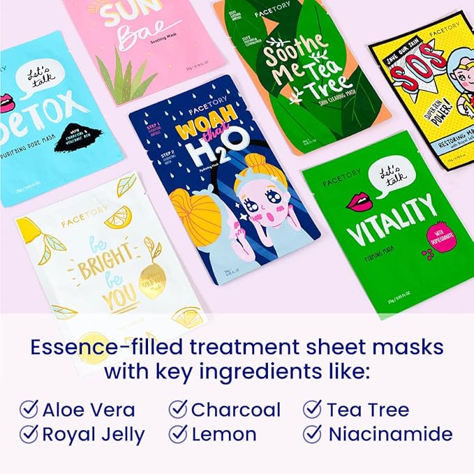 FACETORY K Beauty Face Mask Skin Care - BEST OF 7 COLLECTION Sheet Mask Set (21 pc) | Natural Premium Korean Face Mask For All Skin Types - No Sulfates No Parabens-VivaGrace Women