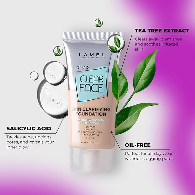 LAMEL OhMy Clear Face Full Coverage Foundation - Acne Coverage - Salicylic Acid & Tea Tree Extract - Dewy & Flawless Finish - Sensitive Skin Care - Organic & Oil-Free - 402, 1.35 fl.oz-VivaGrace Women