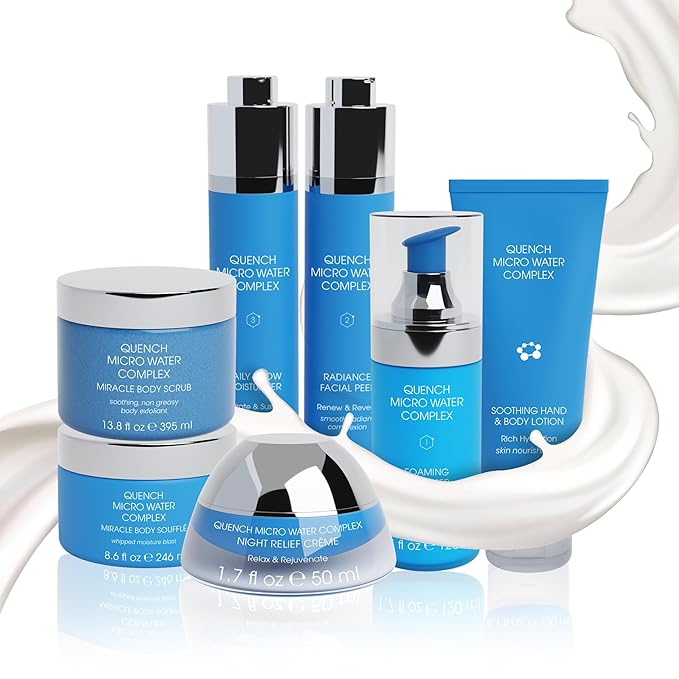 Quench 7 Piece Skincare Set - Japanese Onsen Volcanic Hydration and Anti Aging Skin Care Set with Cleanser, Facial Peel, Moisturizer, Night Cream-VivaGrace Women