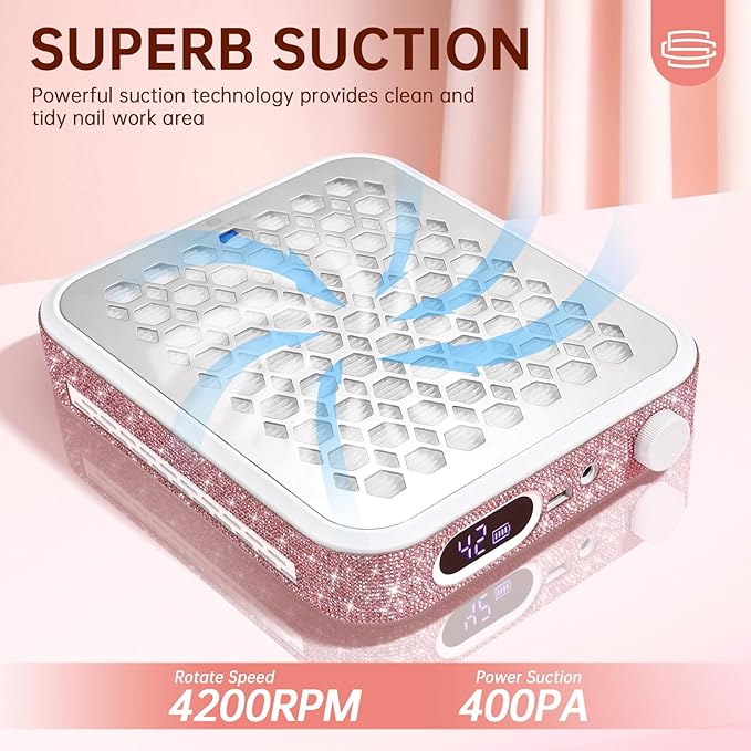 Nail Dust Collector, Rechargeable Dust Collector Nail Tech, Powerful Vacuum Fan Vent Dust Collector Extractor Dust Suction Machine for Acrylic Nails Polishing, Nail Salon&Home, Pink-VivaGrace Women
