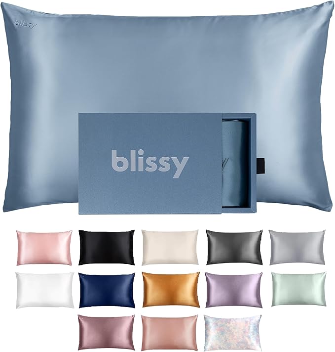 Blissy Silk Pillowcase - 100% Pure Mulberry Silk - 22 Momme 6A High-Grade Fibers - Silk Pillow Cover for Hair & Skin - Regular, Queen & King (Ash Blue, Queen)-VivaGrace Women