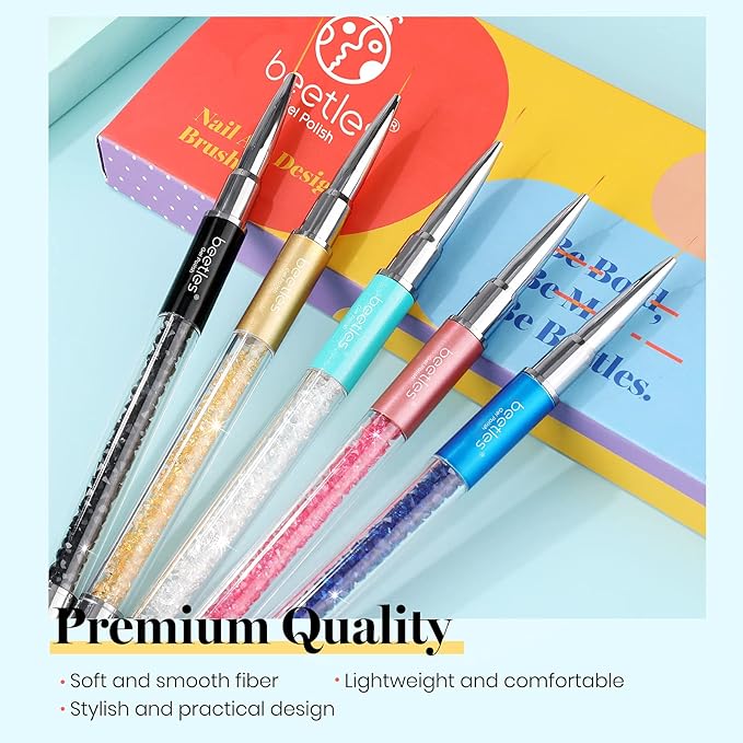 Beetles Gel Polish Nail Art Liner Brushes 5Pcs Painting Art Design Pen Set Diamond Application Rhinestone Handle Dotting Drawing Sizes 5 7 9 11 20mm Nail Design Gift for Women-VivaGrace Women