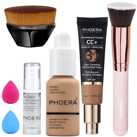 PHOERA Foundation, PHOERA CC+ Cream Color Correcting Anti Aging Hydrating Serum &SPF 25+, PHOERA Primer, PHOERA Makeup Set, Kabuki Makeup Brushes Foundation Brush Powder (105 Sand+ 160 Sand CC Cream)-VivaGrace Women