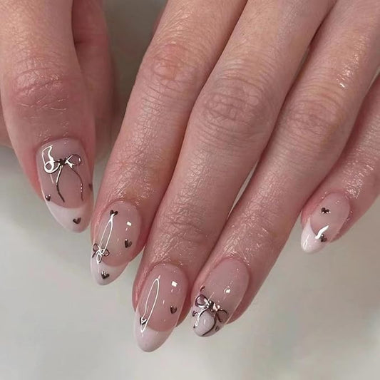 Press-On Nails - Medium Almond French Tip Nude Glossy Artificial Acrylic Nails with Silver Heart Design - 24 Pcs