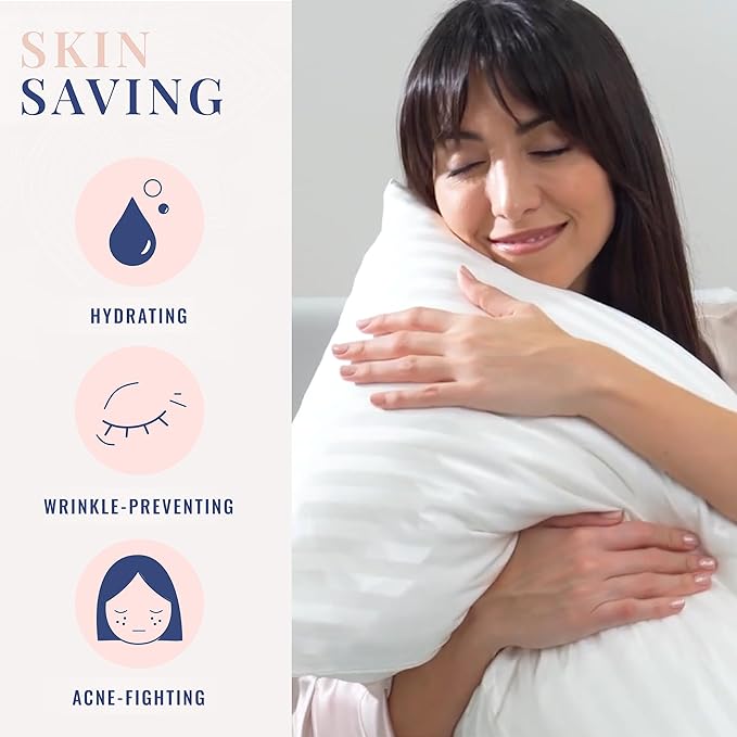 Blissy Silk Pillowcase - 100% Pure Mulberry Silk - 22 Momme 6A High-Grade Fibers - Silk Pillow Cover for Hair & Skin - Regular, Queen & King (White Striped, Standard)-VivaGrace Women