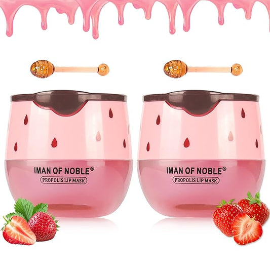 2PCS Strawberry Sleeping Lip Mask,Bee Lip Balm Lip Mask Honey Pot Propolis Moisturizing Lip Balm with Stick,Plumping Lip Hydrating Prevention Dry & Cracked Lip Scrubs Exfoliato Lip Wrinkle Care-VivaGrace Women