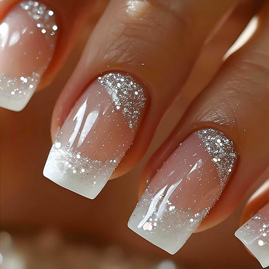 Press on Nails White French Tip Fake Nails Square Medium Length False Nails with Silver Glitter Designs Ombre Glossy Artificial Nails Acrylic Glue on Nails Natural Stick on Nails for Women