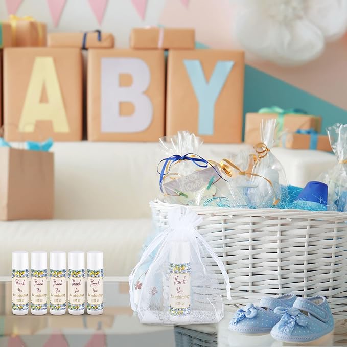 Demissle 50 Pcs Baby Shower Lip Balm Gift Set with 100 Pcs Organza Bags Baby Shower Party Favor for Guest Thank You Tag Rope Baby Shower Party Decoration Gender Reveal Souvenirs (Lemon)-VivaGrace Women