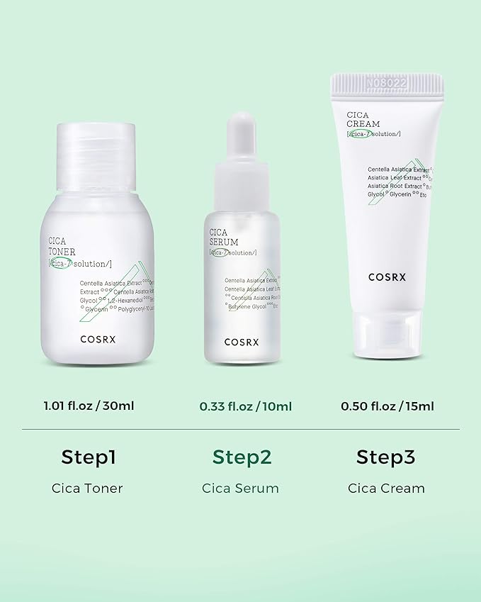 COSRX CICA Relief Kit | Toner, Serum, Cream with Centella Asiatica | Sensitive Skin, Soothing, Moisturizing | Travel Size Set, Gift Set, Korean Skincare, Not Tested on Animals, Paraben Free-VivaGrace Women